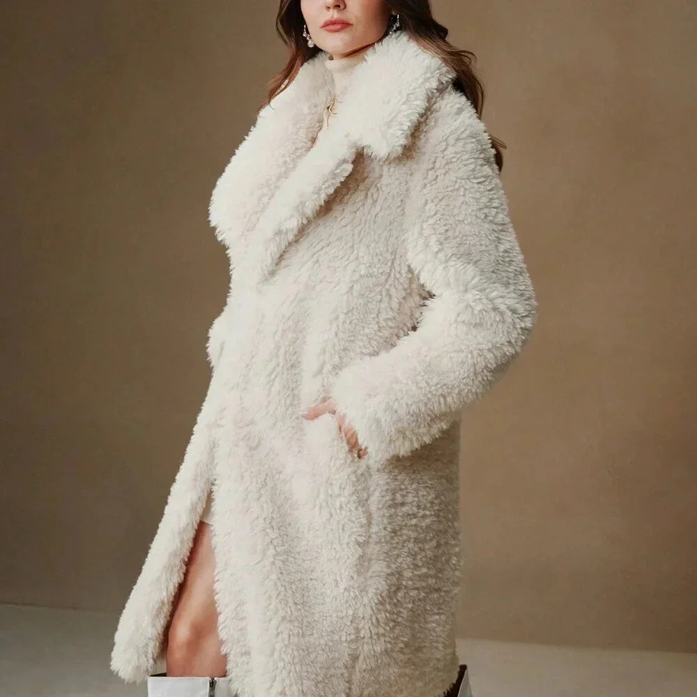 Beige Casual Women's Fluffy Faux Fur Long Classic Versatile Coat - Picture 3 of 5